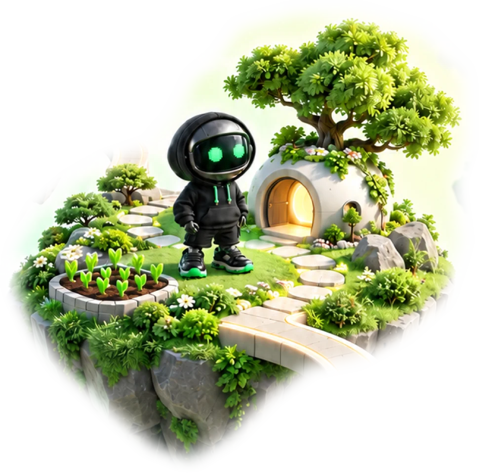 The garden island, with Byte beside a dome house, a tree and a vegetable bed