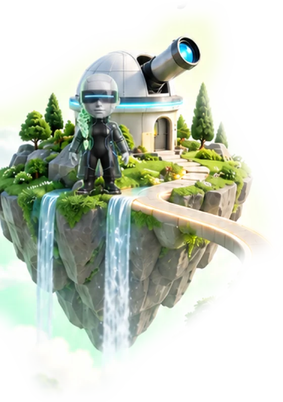 The observatory island, with Iris beside a telescope dome